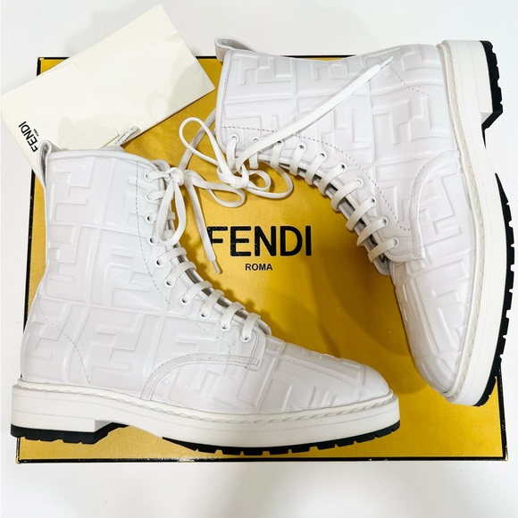 FENDI FF Logo Leather Combat Boots - Picture 1 of 13